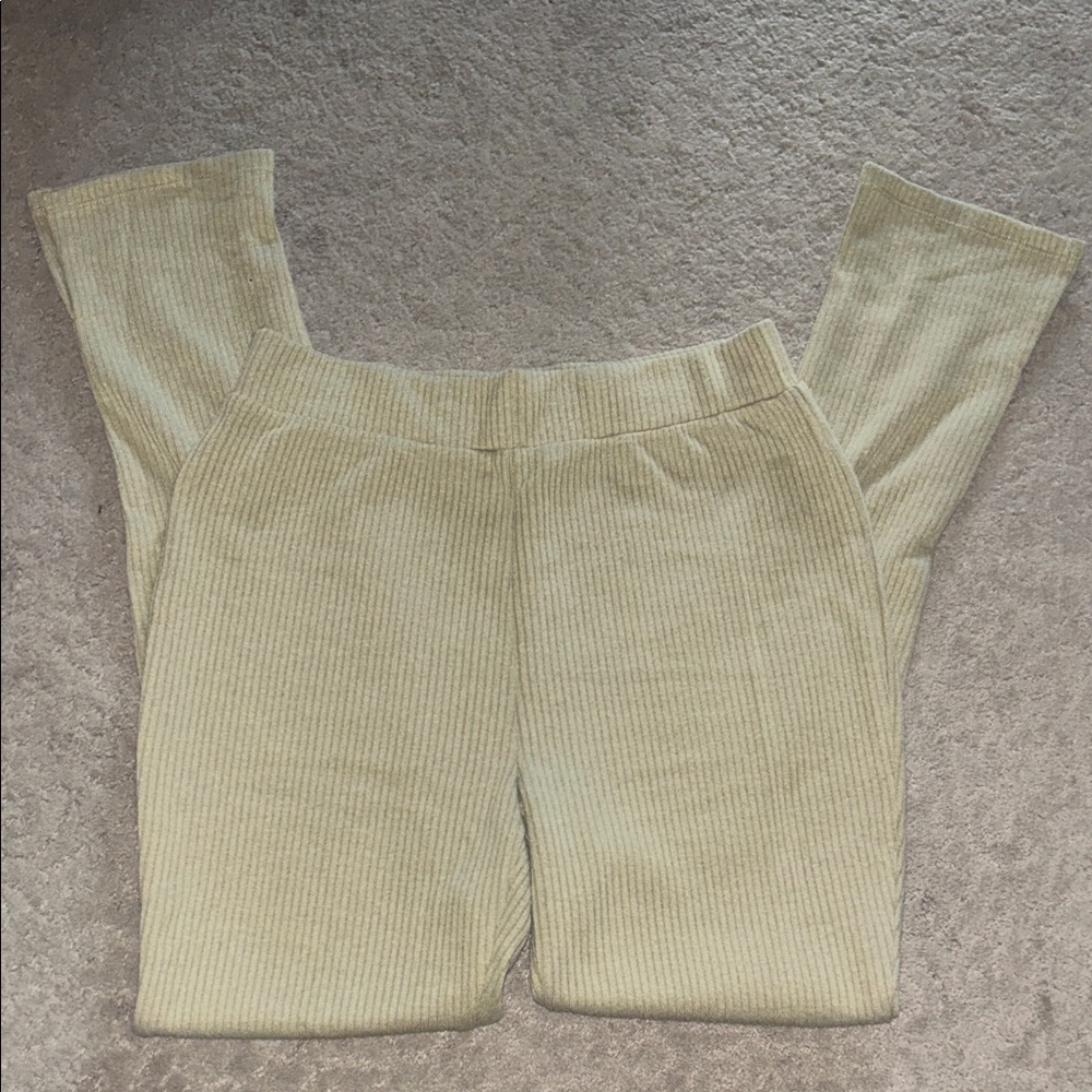 WeWoreWhat Ribbed Tan Lounge Leggings with slit at ankles